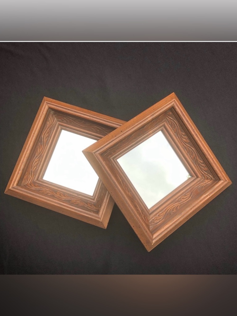Two 8” Vintage Wood Mirrors - Carved Leaf Design - Gallery Wall Rustic Ornate